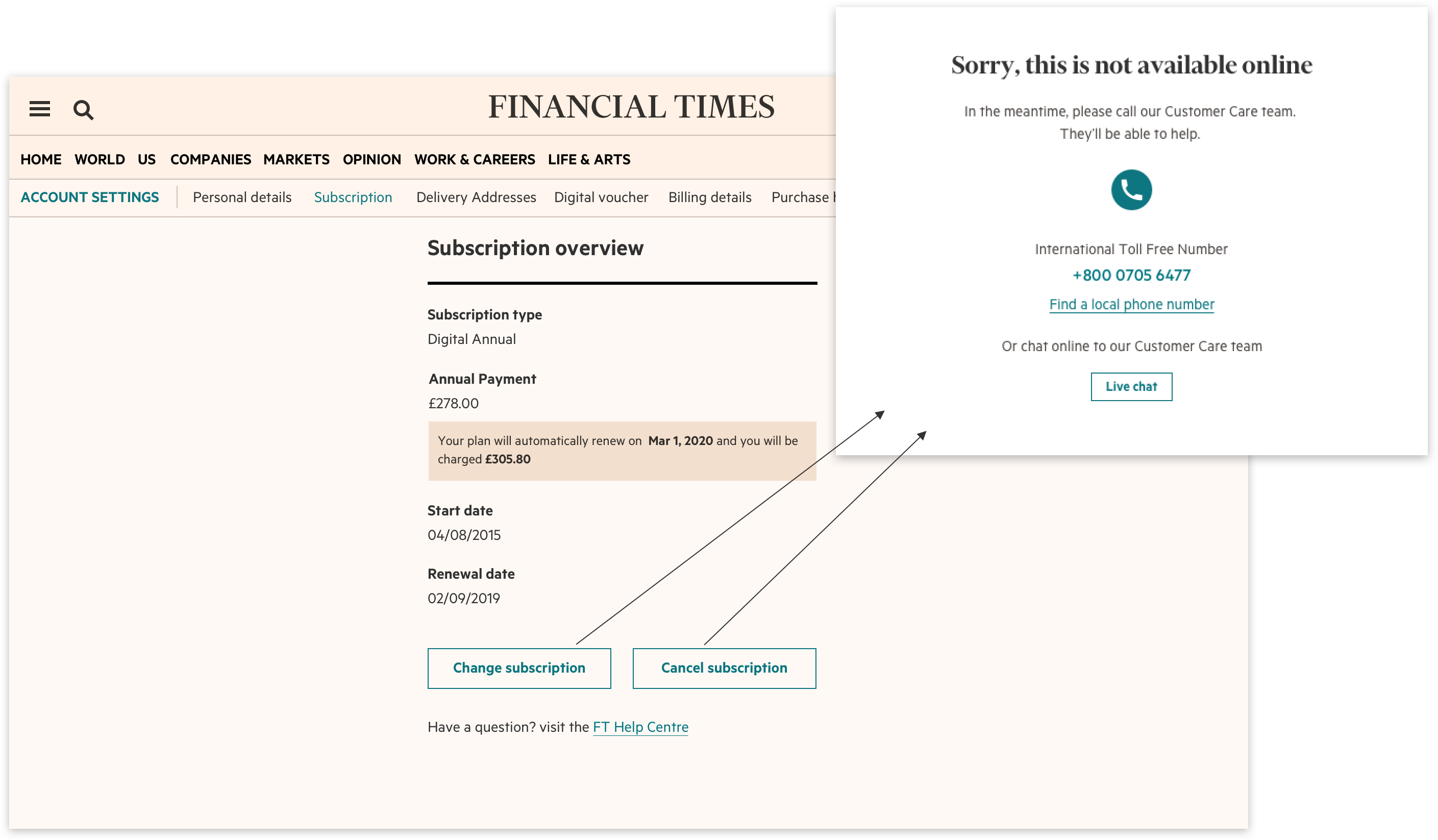 Interface with change and cancel taking to the same contact customer care page